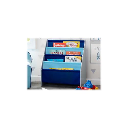4-Tier Kids Sling Book Rack - Wooden Children's Bookshelf, Grey and Blue