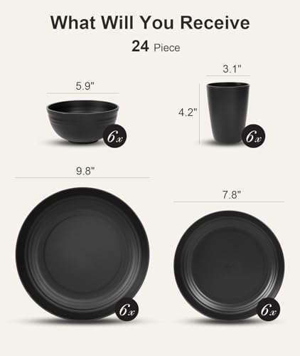 24-Piece Unbreakable Dinnerware Set for 6 - Plates, Bowls & Cups (Black)
