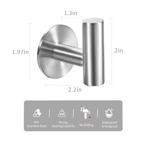 Brushed Stainless Steel Self-Adhesive Towel Hooks - Heavy Duty 2-Pack