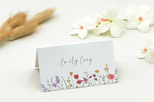 Wildflower Place Cards for Table Settings - Wedding Seating Cards, 50 Pack