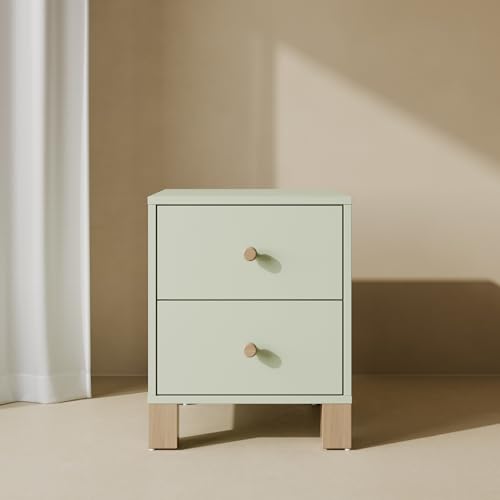 2-Drawer Wooden Nightstand for Kids Bedroom, Sage and Driftwood Finish
