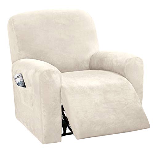 Recliner Chair Cover Set - 4-Piece Velvet Slipcovers, Ivory