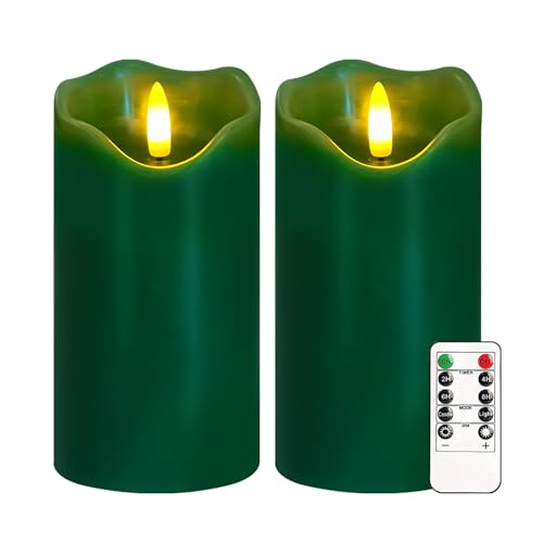 Green Flameless Candles Set of 2 with Remote & Timer - Real Wax, 6x3 inches