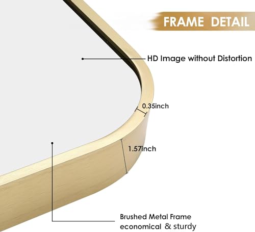 24x36 Inch Brushed Gold Bathroom Mirror, Rectangular Wall Mounted Vanity Mirror