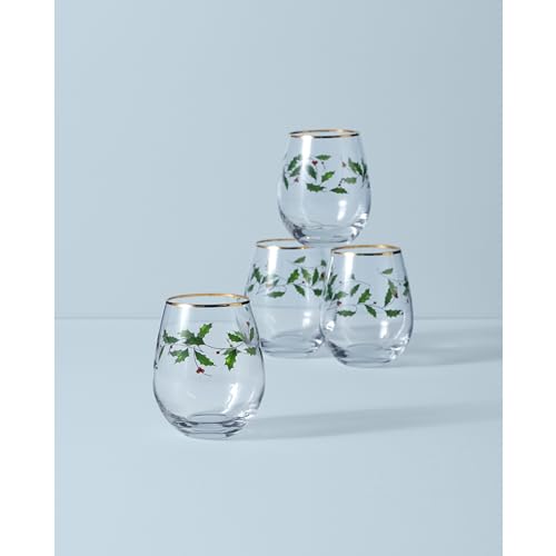 Stemless Wine Glasses Set of 4 - 14oz Christmas Holiday Pattern