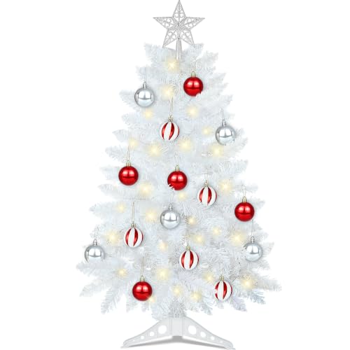 [3FT White Christmas Tree with Lights] Bolvinaso - Includes 15 Ornaments & Star Topper, Indoor Tabletop