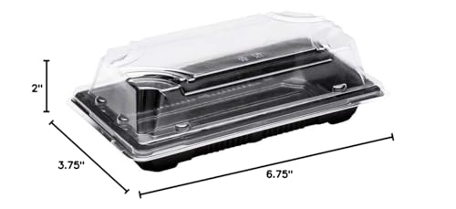 Restaurantware Roku 6.9 x 3.75 Inch Sushi Trays 100 Disposable Sushi Containers With Lids - Medium Rectangle Black Plastic To Go Containers For Appetizers Entrees or Desserts