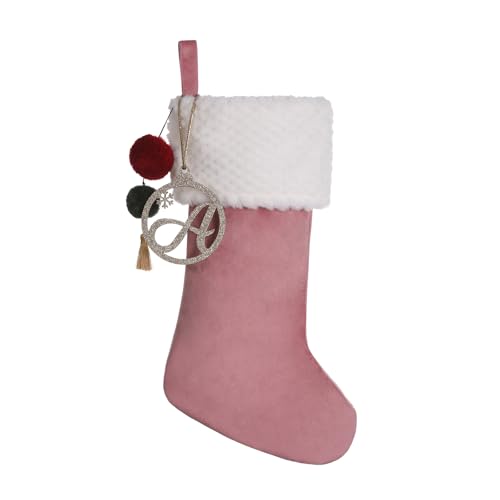 Personalized Pink Velvet Christmas Stocking with Gold Wooden Initial 19.5"