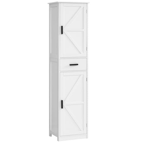 Tall Bathroom Storage Cabinet with Drawer and 6 Adjustable Shelves, White