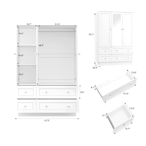 3-Door Bedroom Wardrobe Closet with Mirror, LED Lights and 4 Drawers, White