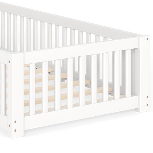 Twin Montessori Floor Bed Frame with Fence, Door, and Wood Slats
