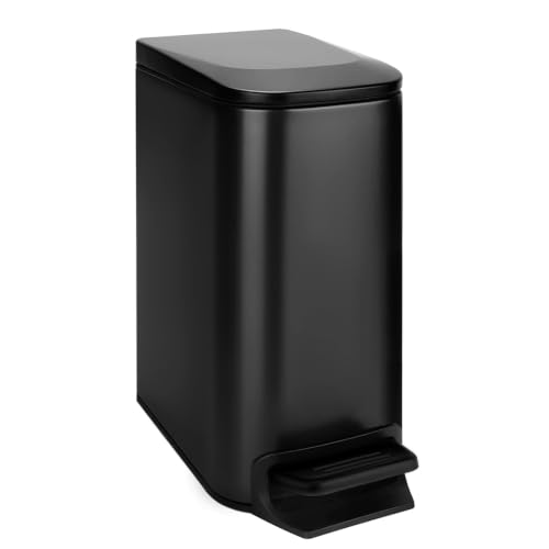 Small Bathroom Trash Can with Lid 1.6 Gal Slim Matte Black Steel