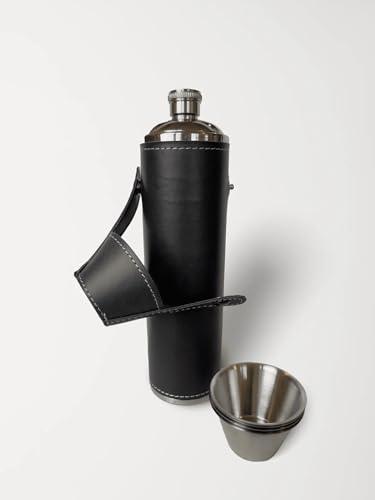 Birdie Bottle 12oz Black Flask with 4 Shot Glasses - Stainless Steel, Waterproof Leather Case, Travel