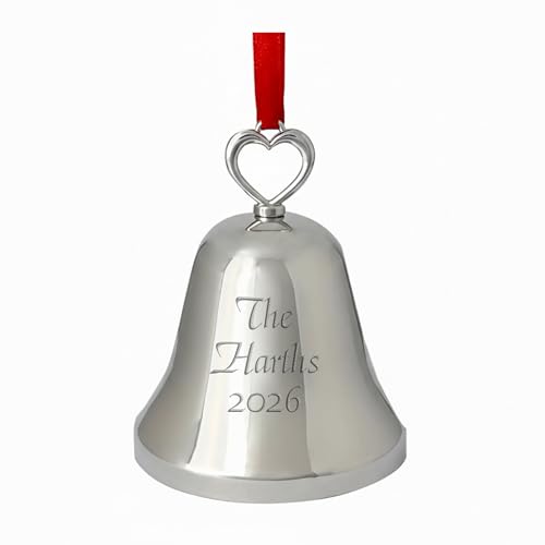 Personalized Silver Bell Christmas Ornament with Heart Top, Custom Engraved