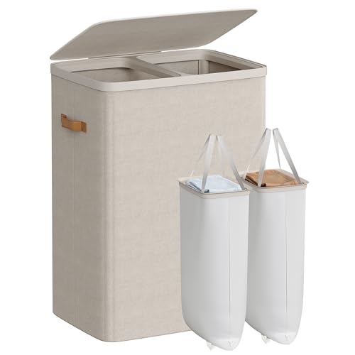 SONGMICS 44.9 Gal. 2-Compartment Laundry Hamper with Lid and Removable Liners, Cappuccino Beige