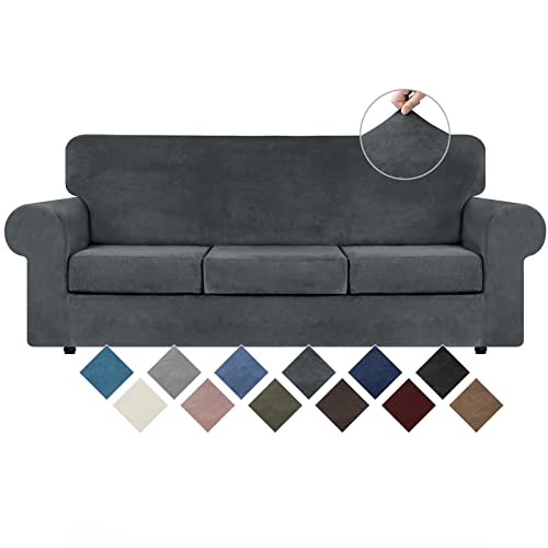 4-Piece Stretch Velvet Sofa Slipcover for 3-Cushion Couch - Dark Grey, Large