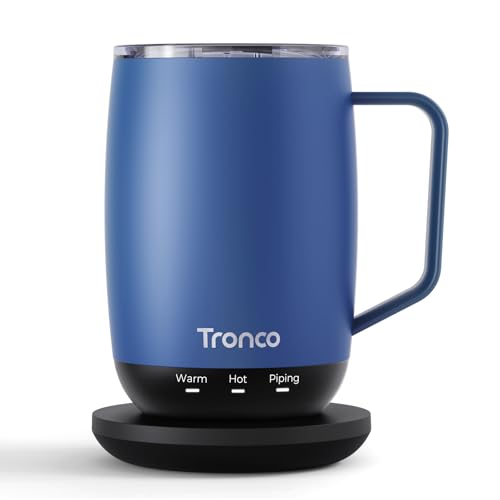 Tronco Blue 14oz Self-Heating Coffee Mug with Lid, 3 Temperature Modes, Rechargeable