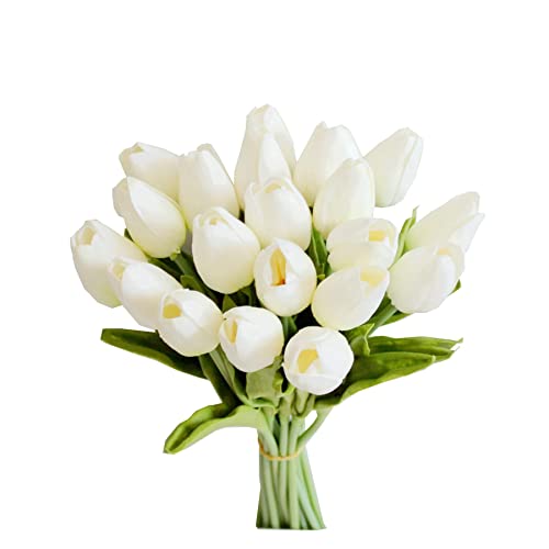 Artificial White Tulips 20-Piece Set - 13.5" Lifelike PU Faux Flowers