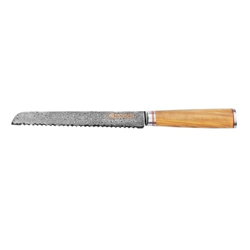 8-Inch Japanese Damascus Steel Serrated Bread Knife with Olive Wood Handle