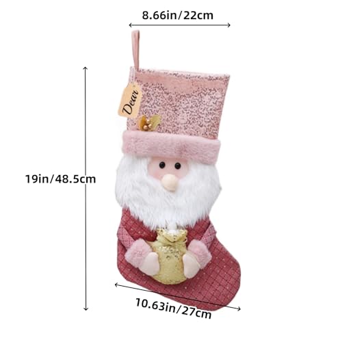 Pink Christmas Stockings with Gold Sequins & 3D Holiday Characters - 1 Pack Snowman, Santa, Reindeer, Personalized 20" Decor