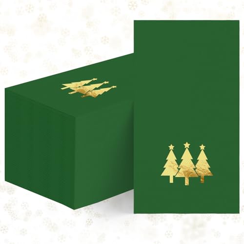 Horaldaily 100Pcs Christmas Napkins 4.3x7.9in Green Gold Foil Trees, 2-Ply