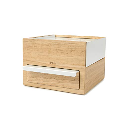 Umbra Mini Stowit Jewelry Box - Modern Keepsake Storage Organizer with Hidden Compartment Drawers for Ring, Bracelet, Watch, Necklace, Earrings, and Accessories (White/Natural)