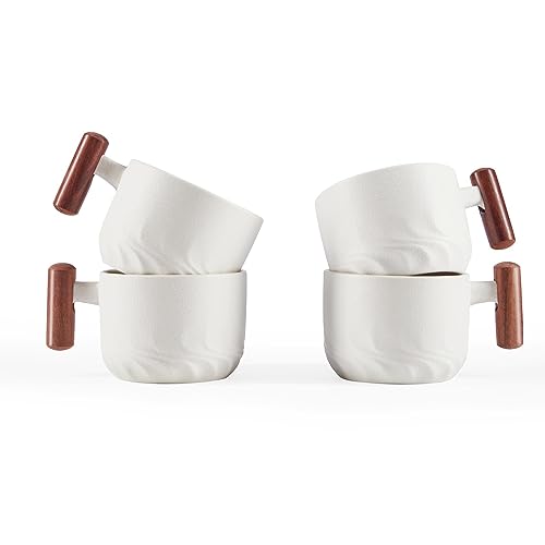 6oz Ceramic Espresso Cups with Wooden Handles - Set of 4 Coffee & Tea Mugs