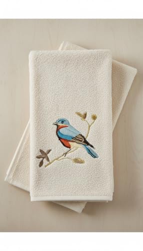 Embroidered Songbird Fingertip Towels, 100% Cotton Velour Set of 2