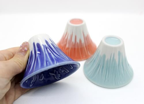 Waraku Fuuka 3-Pack Mount Fuji Sake Cups - Blue Red Snow Porcelain Ochoko Gift Set