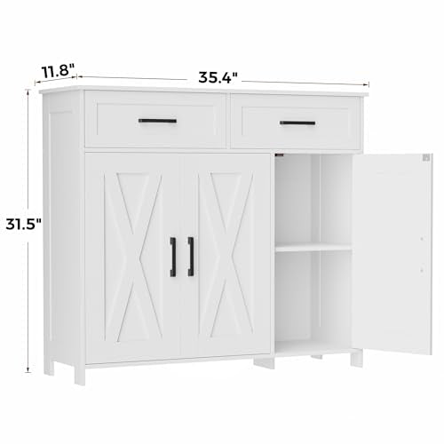 Farmhouse Coffee Bar Cabinet with Drawers and Adjustable Shelves, White