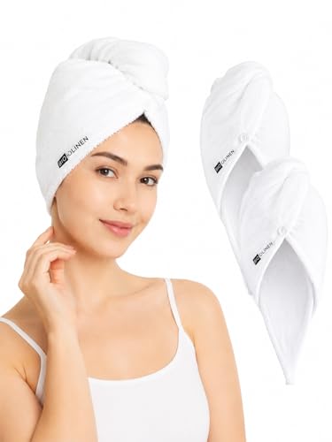 BIOLINEN White Cotton Hair Towel Wrap 3 Pack - 10x25 Inch Quick Dry Turbans