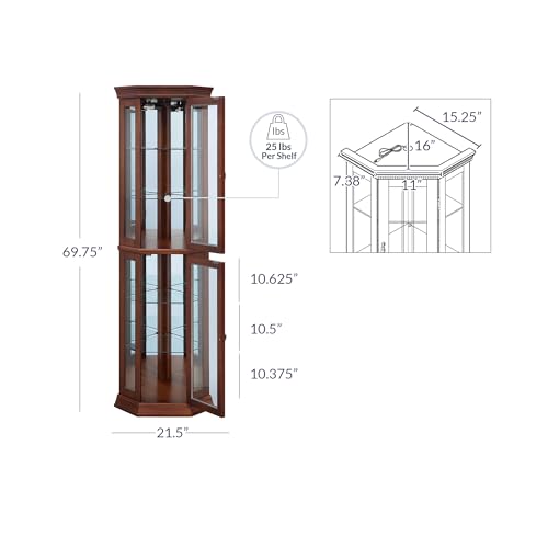 Wooden Corner Curio Cabinet with Lighted Display Shelves & Glass Door