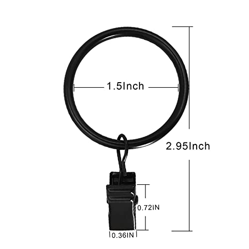 Heavy Duty Black Metal Curtain Rings with Clips, 1.5 Inch - 20 Pack