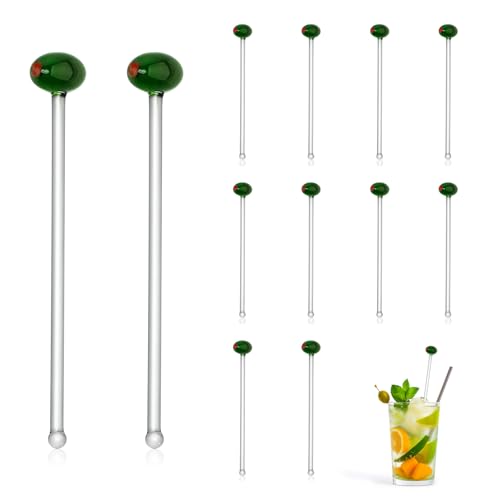 Qinyoung Martini Olive Glass Drink Stirrers - Reusable 7 Inch Cocktail & Coffee Swizzle Sticks (12 Pack)