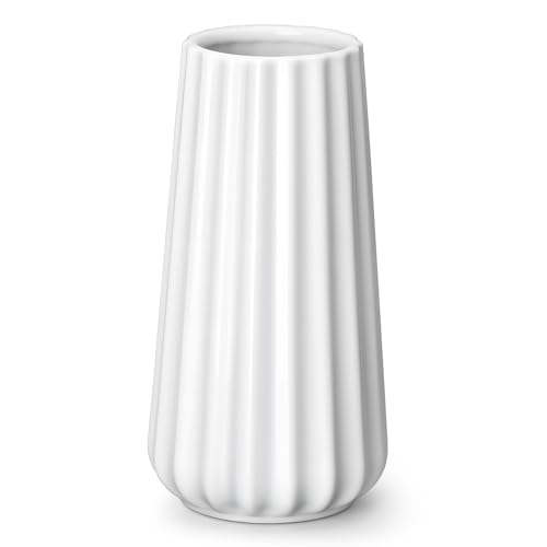 Modern White Ceramic Flower Vase - 7.8 Inch Ribbed Decorative Vase