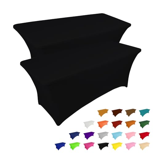 6ft Black Fitted Spandex Tablecloth - Rectangular Stretch Covers (2-Pack)
