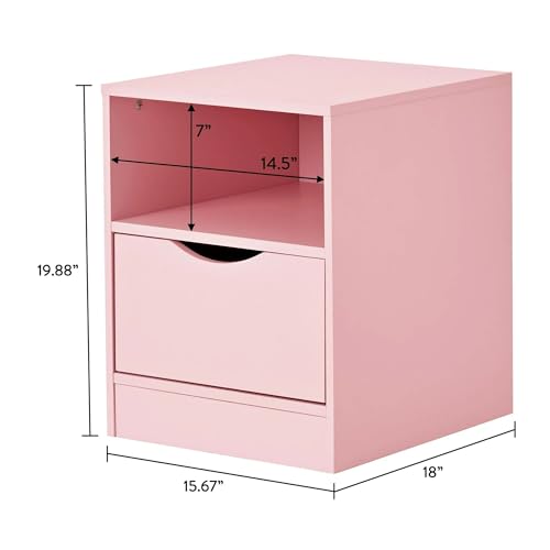 2-Tier Pink Nightstand with Drawers and Open Storage Shelf