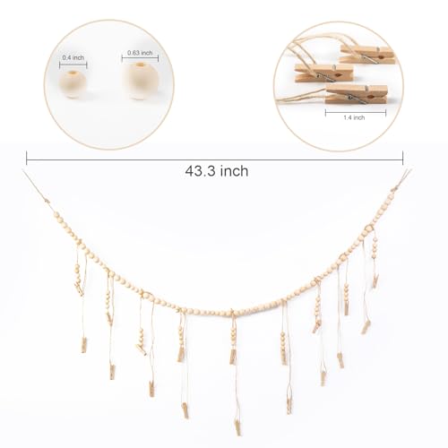 Boho Wooden Bead Hanging Photo Display with 18 Clips - 43-Inch Wall Garland