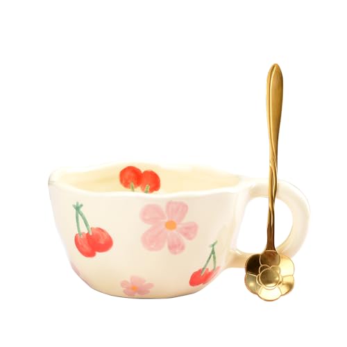 XinHuiGY Pink Flower Handmade Ceramic Coffee Mug with Spoon 8oz – Cute Kawaii Tea Cup for Women, Mothers Day Gift