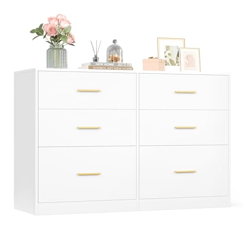 6-Drawer Dresser Chest with Gold Handles, Modern Storage Tower in White