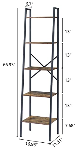 5-Tier Industrial Ladder Bookshelf, Rustic Wood and Metal Storage Shelf