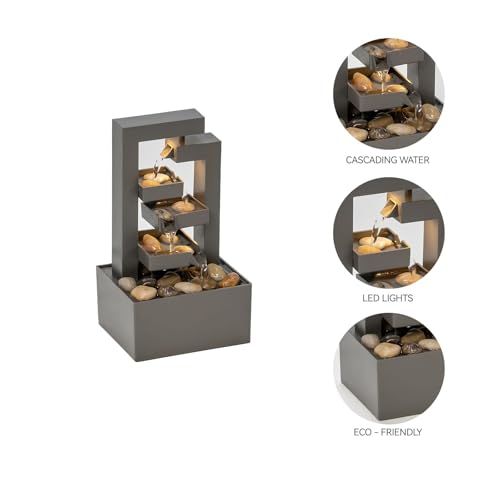 3-Tier Desktop Waterfall Fountain with LED Lights and Natural River Stones
