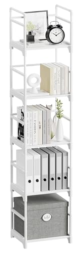 5-Tier Narrow Bookshelf, Slim White Storage Shelf for Small Spaces