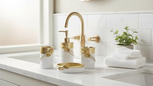 4-Piece Resin Bathroom Accessory Set, Gold Decorative Vanity Organizer