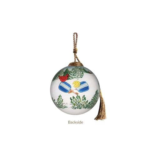 Yellow Snowman Pickleball Ornament – Hand-Painted Glass Christmas Decoration