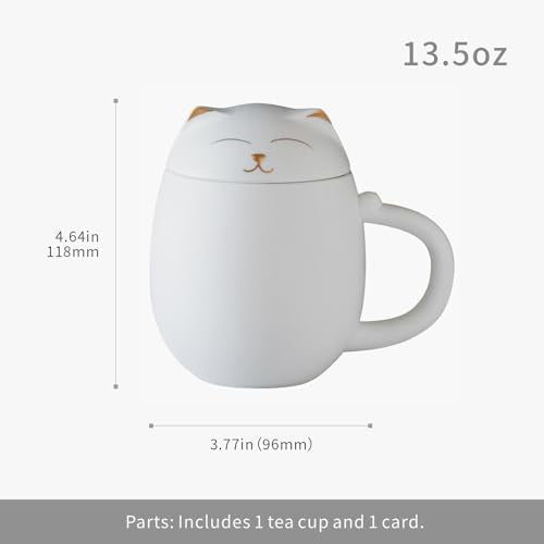 White HEER Cat Ceramic Tea Mug 13.5oz with Infuser & Lid - Cute Cat Design