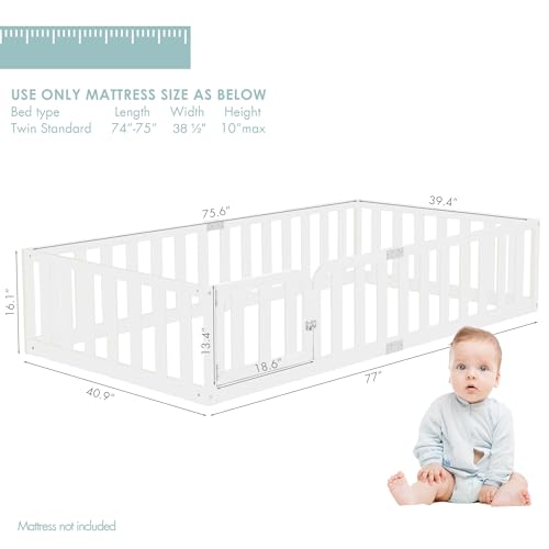 Twin Size Montessori Floor Bed Frame with Fence and Door - Solid Wood