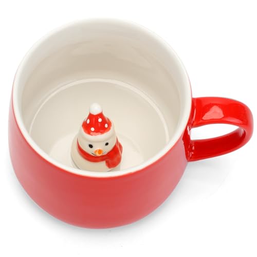 WDAGEOT Red & White Cute 12oz Snowman Mug - 3D Inside Cup Ceramic Coffee Cup