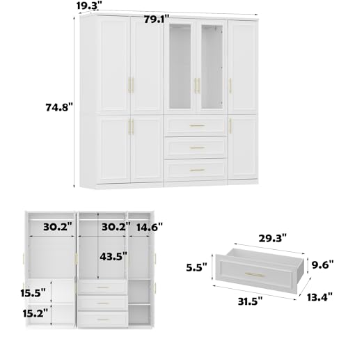 Modern White Wardrobe Armoire with Drawers, Shelves, and Hanging Rods