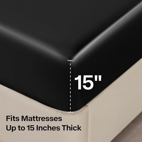 BEDELITE Satin Sheets Queen Size Bed Set Black 4-Piece Silky Cooling